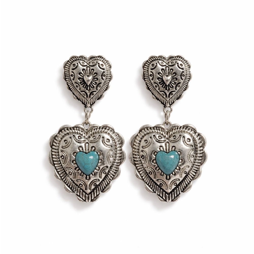 Western Silver Heart Drop Earrings with Turquoise Accents LO001-1